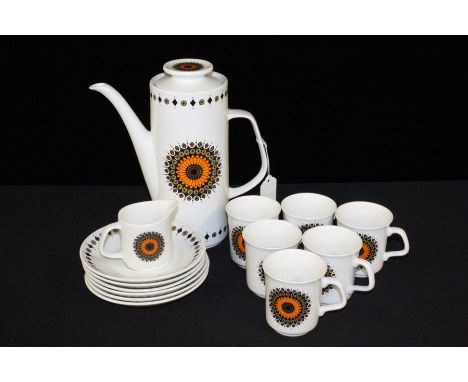 J and G Meakin Studio coffee set, consisting of tall coffee pot, milk jug, six cups and saucers, all with mandala decoration