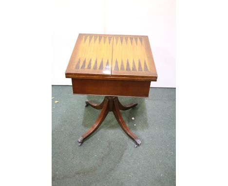 Games table, with inlaid folding top for backgammon, opening to reveal chessboard, with frieze drawer, on turned stem quadrup