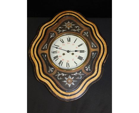 Edwardian wall clock, the shaped glazed case with gilt, ebonised and mother of pearl inlay decoration, the dial with Roman an