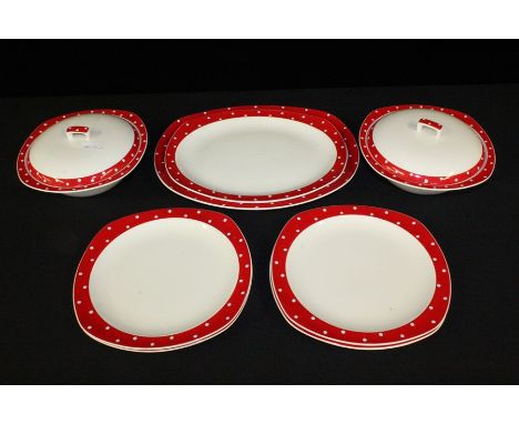 Midwinter Stylecraft part dinner service with red and white polka dot decoration, consisting of two tureens and covers, large