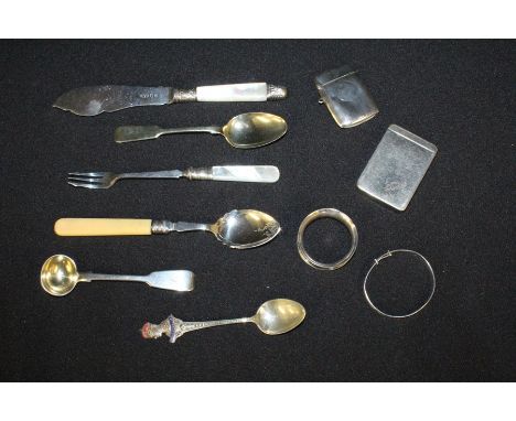 Silver, various dates and makers, to include Georgian mustard spoon, napkin ring, vesta case, 1.2oz, plated pickle fork, teas