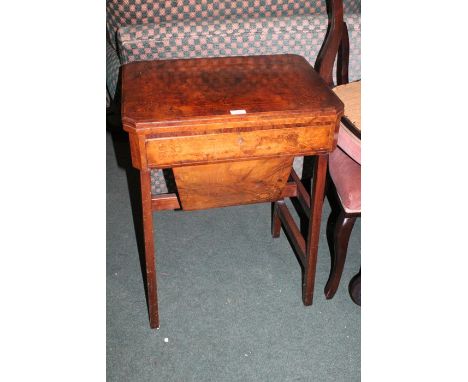 Victorian and later walnut and marquetry inlaid games/sewing table, the rectangular fold-over top opening to reveal chess, cr