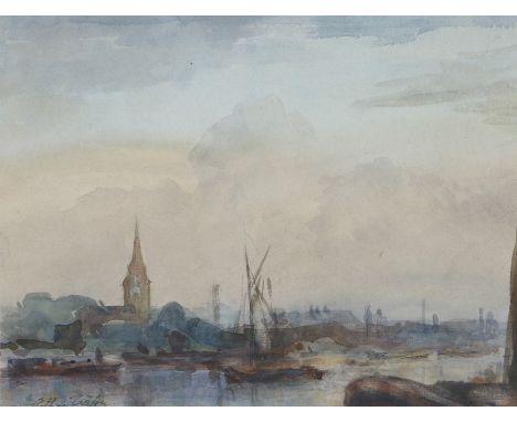 Arthur Upton (20th Century) The Thames, Chelsea – watercolour, signed l.l., in glazed wood frame, dedication affixed verso “T