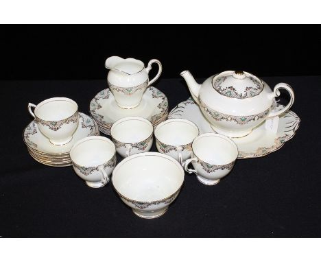 Salisbury bone china tea set. Includes: teapot, sugar bowl, milk jug, serving plate, 6x side plates, 6x small saucers &amp; 5