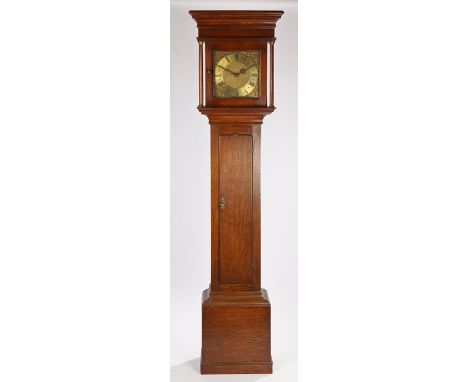 18th Century oak longcase clock by A Royland Loughborough, the hood with down swept pediment above reeded pilasters and glaze