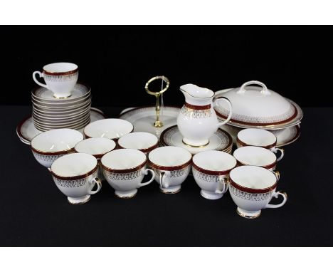 Royal Grafton Majestic pattern tea service, with red and gilt borders, consisting of ten teacups, twelve saucers, two sugar b