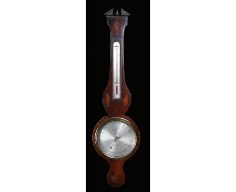 19th Century mahogany and inlaid barometer, with an engraved silvered thermometer and a signed Frigerio No 281 Holborn London