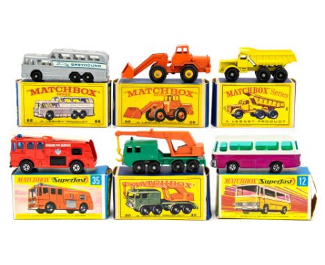 Matchbox: A collection of six boxed Matchbox vehicles to comprise: 6 Euclid Quarry Truck, 30 8-Wheel Crane, 66 Greyhound Bus,