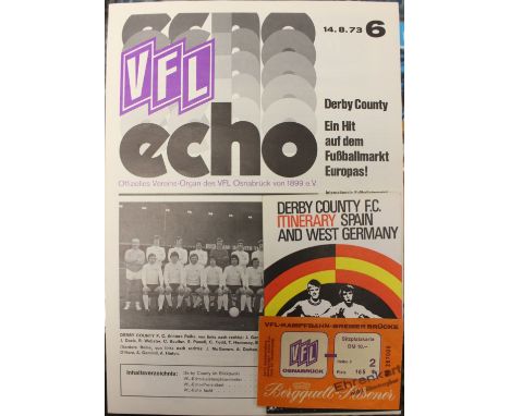 The Gerald Mortimer Collection: A VFL Osnabruck v. Derby County match programme, 14/08/1973, together with match itinerary an