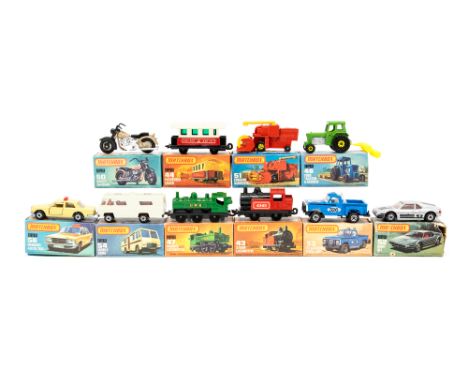 Matchbox: A collection of ten boxed Matchbox models comprising: 43 Steam Locomotive, 44 Passenger Coach, 46 Ford Tractor and 