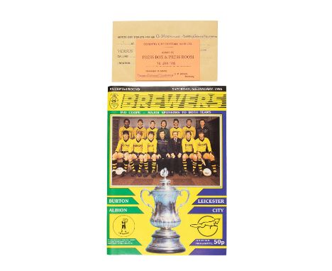 The Gerald Mortimer Collection: A Burton Albion v. Leicester City press ticket, 16th January 1985, F.A. Challenge Cup Third R