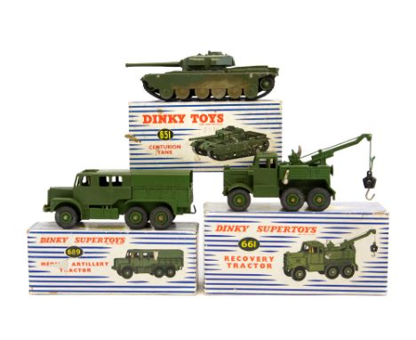 Dinky: A boxed Dinky Supertoys, 661 Recovery Tractor, complete with card insert, 689 Medium Artillery Tractor and 651 Centuri