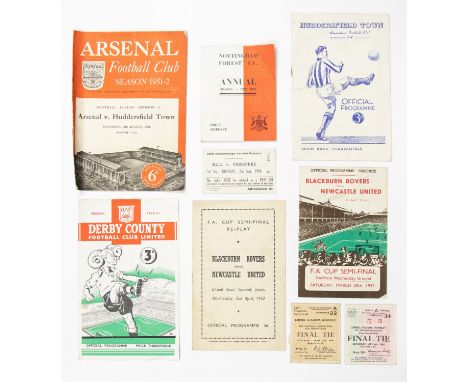 Football Memorabilia: A collection of football memorabilia to comprise: Arsenal v. Huddersfield 18/08/1951, Blackburn Rovers 