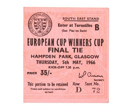 The Gerald Mortimer Collection: A European Cup Winners Cup Final Tie ticket, Hampden Park, Glasgow, 5th May 1966, South East 