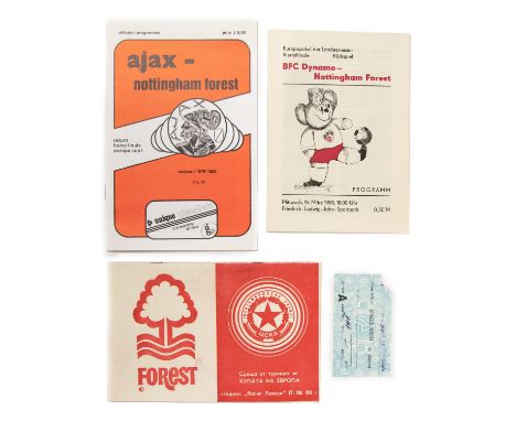 The Gerald Mortimer Collection: An Ajax v. Nottingham Forest programme and ticket, 30/04/1980, together with a Dynamo Berlin 