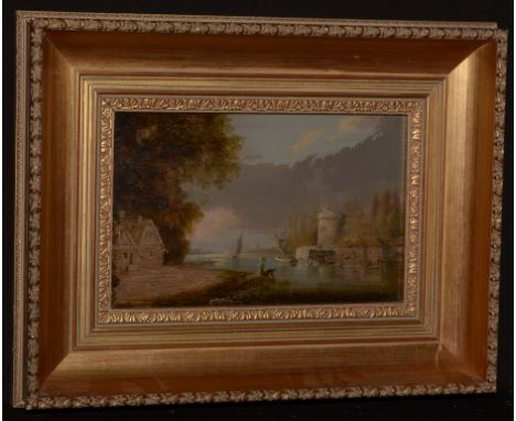 19th Century Continental School - A river estuary with figures in the foreground and a tower in the middle-distance, oil on p