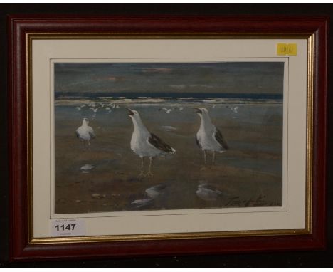 Thomas Swift Hutton - "The Duel: what are the wild waves saying?" - gulls on a beach, signed and dated 1924, signed, dated an