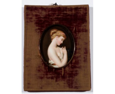 Continental European School - a miniature portrait of a young woman in classical Greek costume, glazed ceramic plaque, 8 x 6.