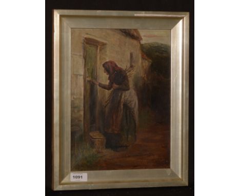 Henry Petch - An elderly stick-gatherer at a cottage door, signed, oil on canvas, 29.5 x 22cms, in frame.