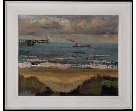 Douglass Wood - "Seascape - Blyth Pier", signed, inscribed and dated 1959 verso, oil on board, 42 x 52cms, in frame.