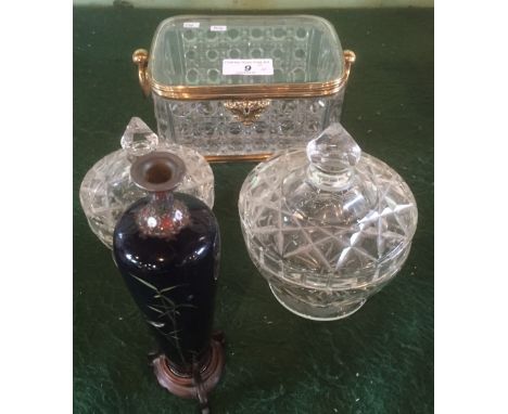 A cut clear glass and gilt metal mounted casket, two cut glass lidded jars and a small cloisonne vase (15cm tall) on stand, d