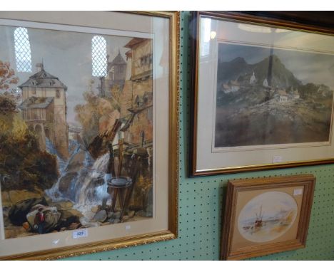 Late 19th century Continental school, a young boy observing floor water cascading through a town, possibly Austria. Watercolo