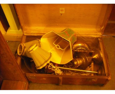 A canvas and wood bound trunk, containing various metalwares, including: Victorian copper kettle, trivet, paraffin lamp, tabl