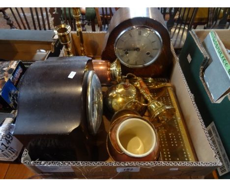 A mixed lot of metalwares, including: cribbage board, table bells, candlesticks, together with an early 20th century bakelite