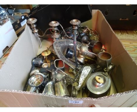 A box of silver plate, including: table candlesticks, bread basket, teapot, sugar scuttle, vases, hand mirror, cigarette case