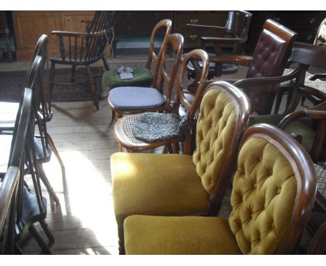 A pair of William IV mahogany framed and gold button plush upholstered dining chairs, together with three Edwardian balloon b