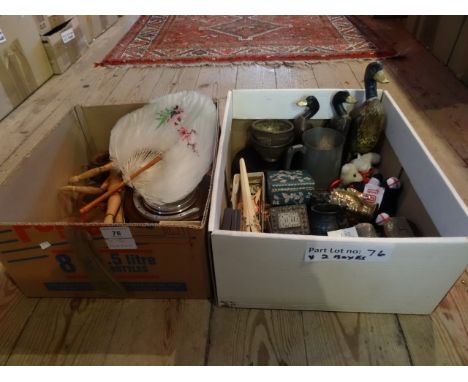 Two boxes of various items, including: an articulated artist's mannequin figure, Japanese feather fan, barometer, papier mach