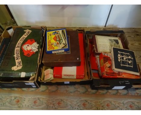 Three boxes of board games and other items, including: a 1980's Dr Who game, The Ernest Sewell Cabinet of Conjuring Tricks, B