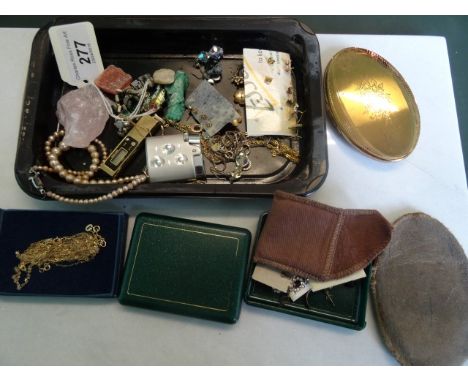 A mixed lot, including: yellow metal chains, powder compacts, a 1980's yellow metal digital watch pendant, gem set and other 