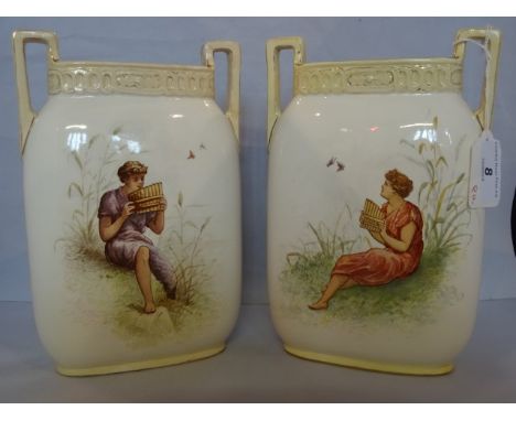 A pair of 19th century spill vases, each handed decorated with seated figures playing pan pipes on an ivory and gilt ground.