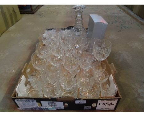 A part-suite of Schott and other crystal, various, together with a hobnail cut triple ring neck decanter and stopper.