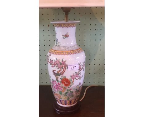 A table lamp, the base fashioned as a Chinese famille rose vase with flared square shade.