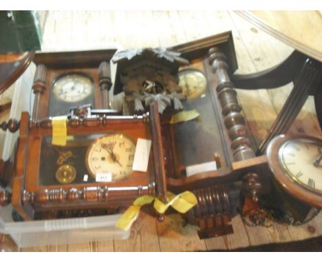 Of horological interest, two walnut cased Vienna clocks, a cuckoo clock, American mantle clock and a postman's alarm-type clo