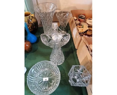 A small mixed lot of cut and moulded glassware, including: loop handled basket, trumpet shape vases, decanter and other simil