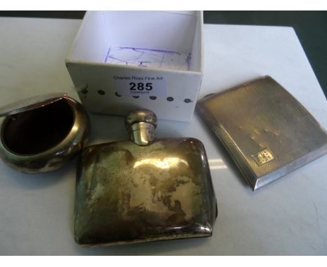 A silver hip flask, cigarette case and bun form ashtray, various dates and makers.