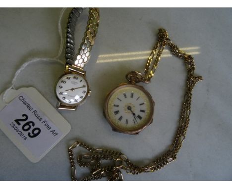 A lady's pendant fob watch, white enamel dial with gilt detail and Roman numerals, the foliate engraved cased marked 9 carat,