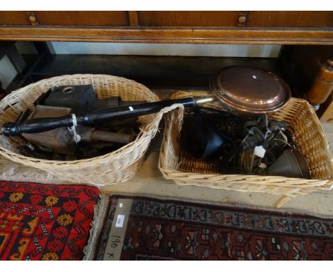 A mixed lot, including: woven cane baskets, wrought iron and other light fittings, copper warming pan, coach lamps and other 