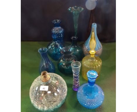 Twelve pieces of art glass, including: a cracked glazed spherical lamp base, moulded hobnail blue glass decanter and stopper,