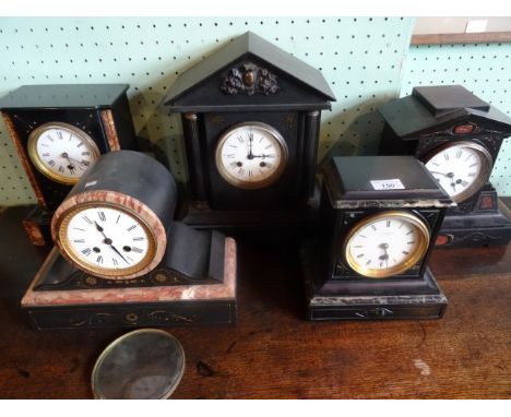 Five Victorian black slate mantel clocks, variously cased, one with enamel dial named Dent, London.