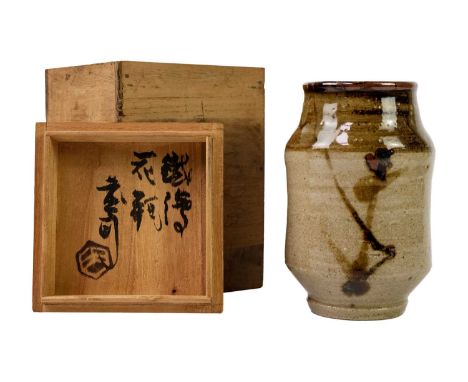 Shoji HAMADA (1894-1978) Albarello Vase  Stoneware, height 13.5cm. Together with signed wooden display box.