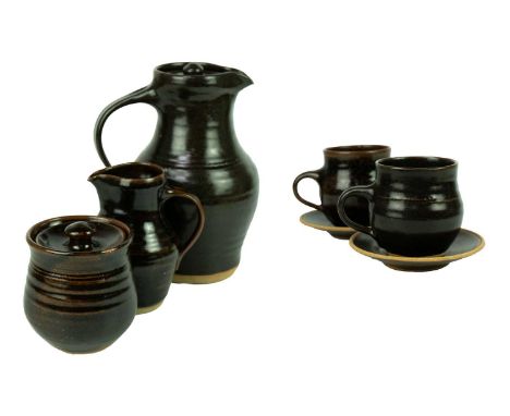 Greta PERRY (1948) Coffee Service One lidded coffee pot, one milk jug, two cups, two saucers and a lidded sugar pot. Stonewar
