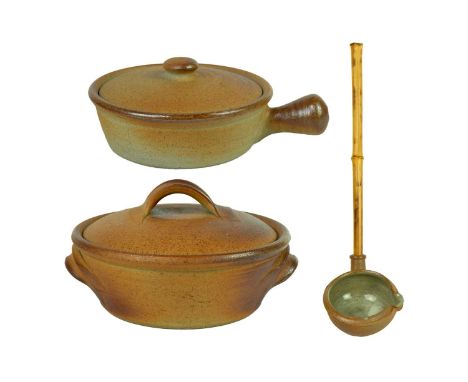 John LEACH (1939-2021) for Muchelney Pottery Two Casserole Dishes and a Ladel with bamboo handle Muchelney stamp to base of c