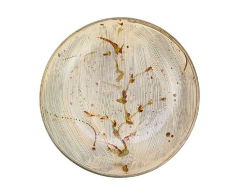 William 'Bill' MARSHALL (1923-2007) Large Dish with Cream Brushwork and Frond Decoration  Stoneware, impressed personal seal 