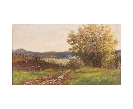KORNBECK, JULIUS (1839-1920) "Blick in eine schwäbische Landschaft" Öl auf Karton, sig., HxB: 25/41 cm., leichte Altersspuren