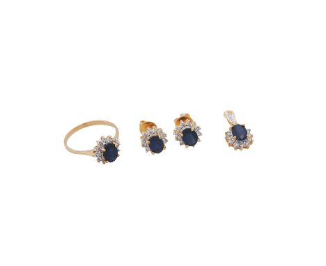 3-teiliges Schmuckset mit Saphiren und Brillanten von zus. ca. 0,50 ct, mittlere bis gute Farbe u. Reinheit, Ring, Ohrringe, 