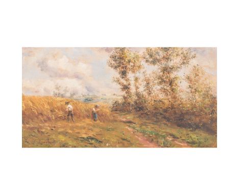 KORNBECK, JULIUS (1839-1920) "Getreideernte" Öl auf Karton, sig., HxB: 25/41 cm., leichte Altersspuren. Rahmen, HxB: 33/49 cm